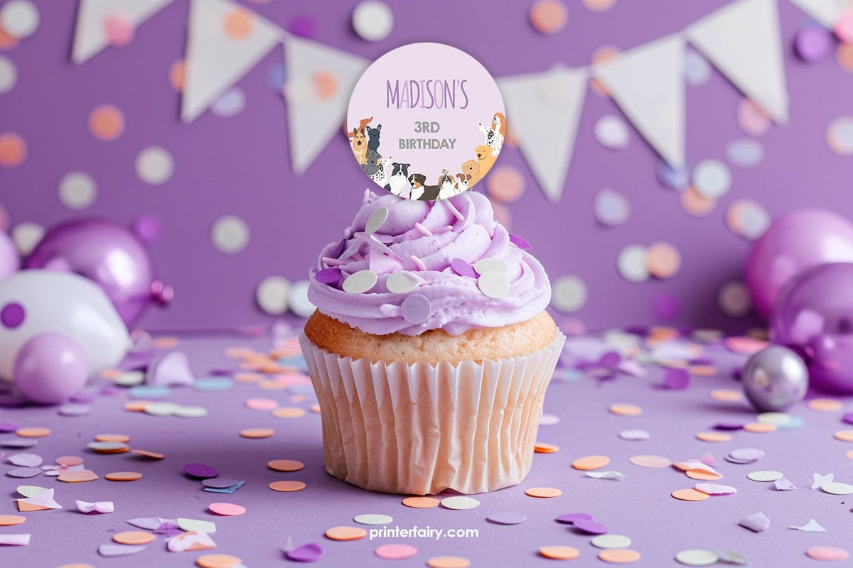 Puppy Adoption Birthday Party Toppers, Editable Round Stickers (Digital Item)