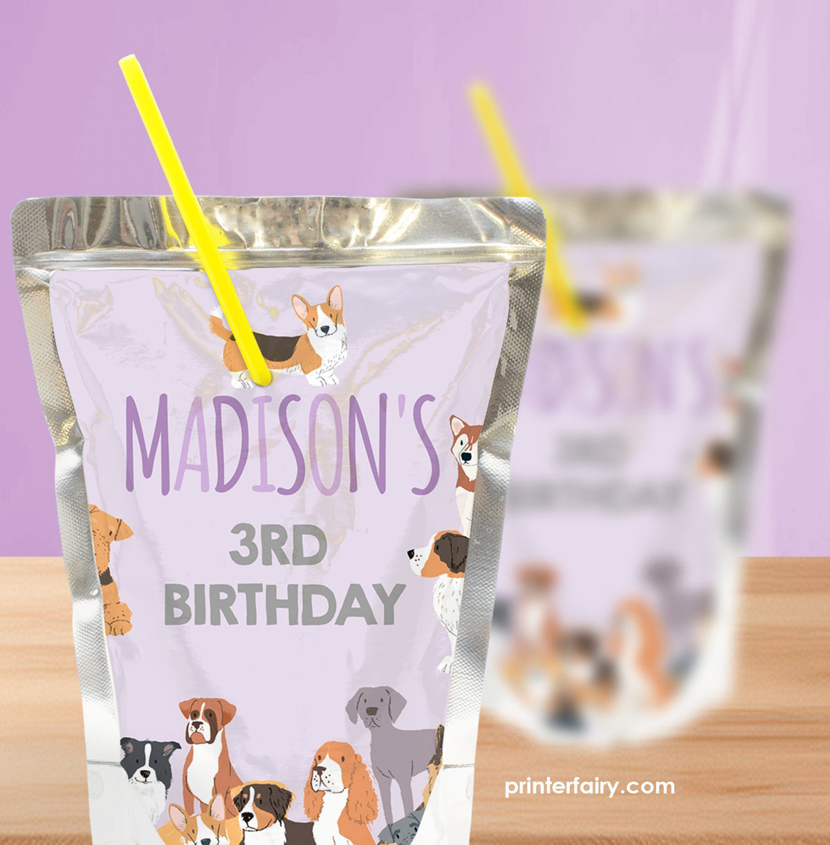 Puppy Birthday Drink Pouch Label, Editable Pet Adoption Party (Digital)