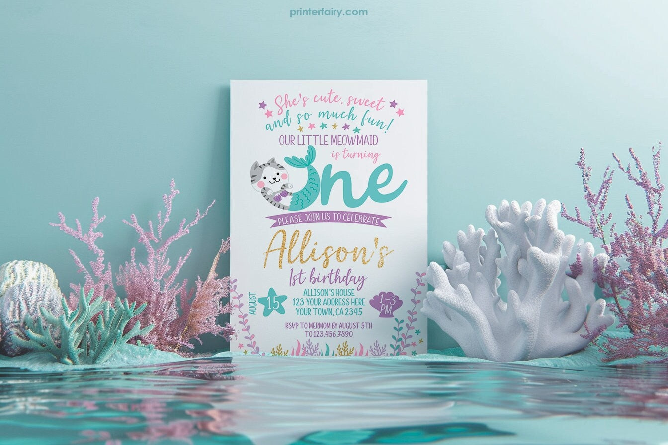 Meowmaid 1st Birthday Invitation, Editable Cat Mermaid (Instant Download)