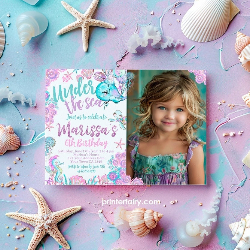 Under the Sea Birthday Invitation with Photo, Ocean Theme (Editable, Instant Download)