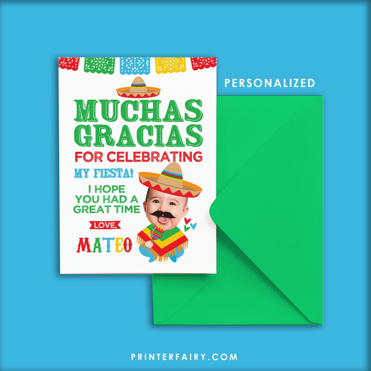 Personalized Fiesta Thank You Card, Cinco de Mayo, Mariachi Birthday (Digital)