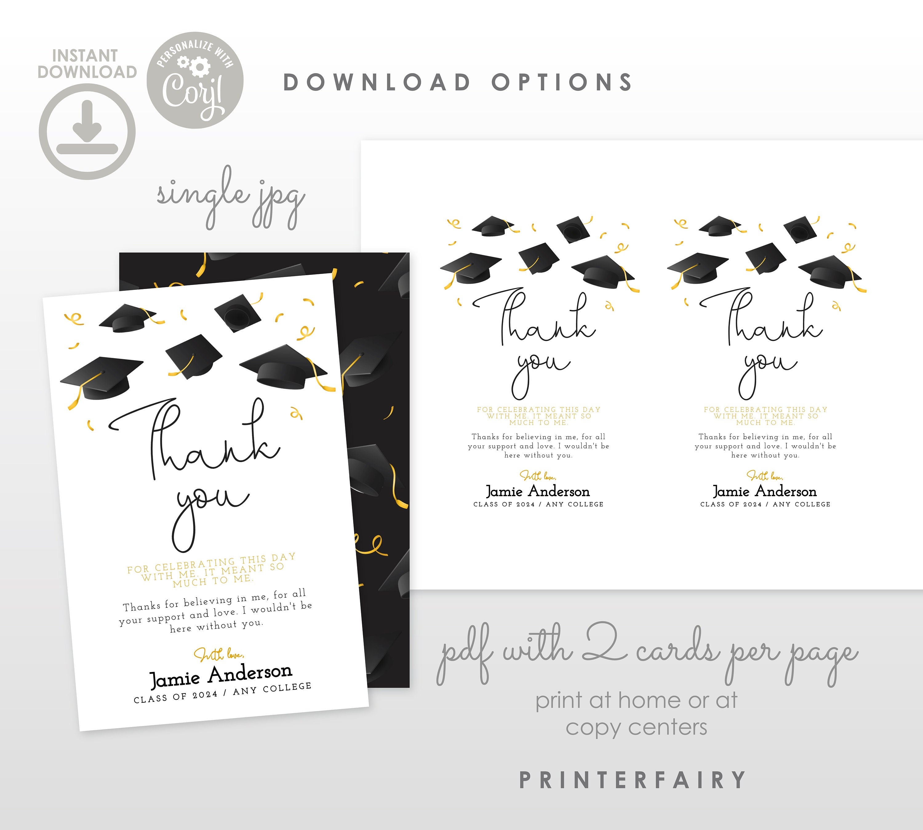 Editable Graduation Thank You Card, College Grad Party Note (Digital Download)