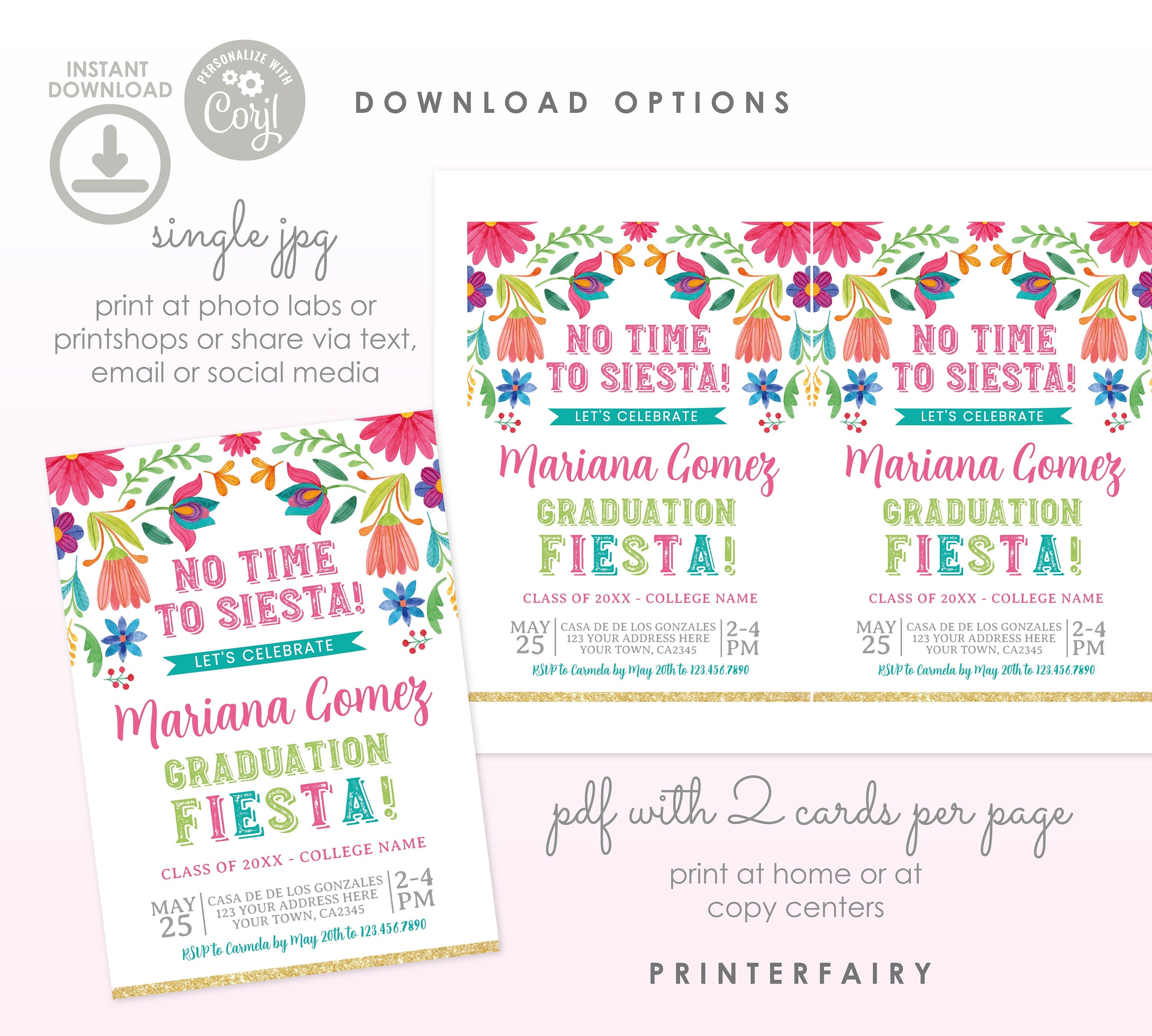 Graduation Fiesta Invitation, Mexican Theme, Editable Template (Digital)