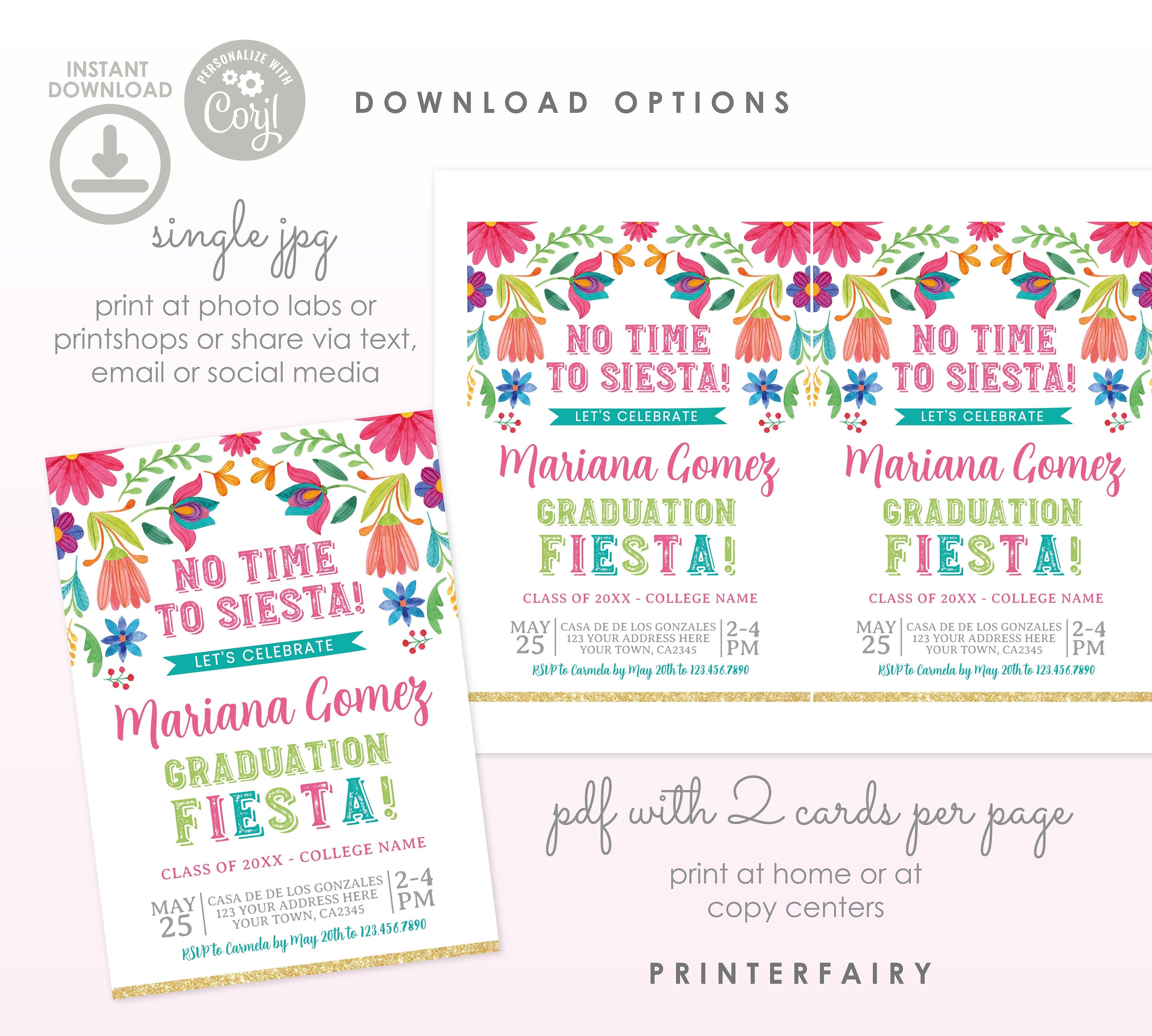 Graduation Fiesta Invitation, Mexican Theme, Editable Template (Digital)