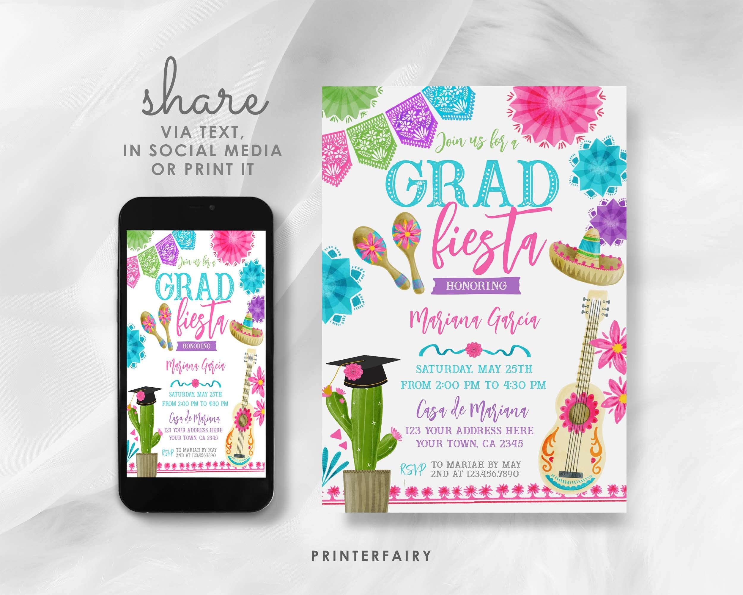Graduation Fiesta Invitation, Editable Template, Mexican Theme (Digital Item)