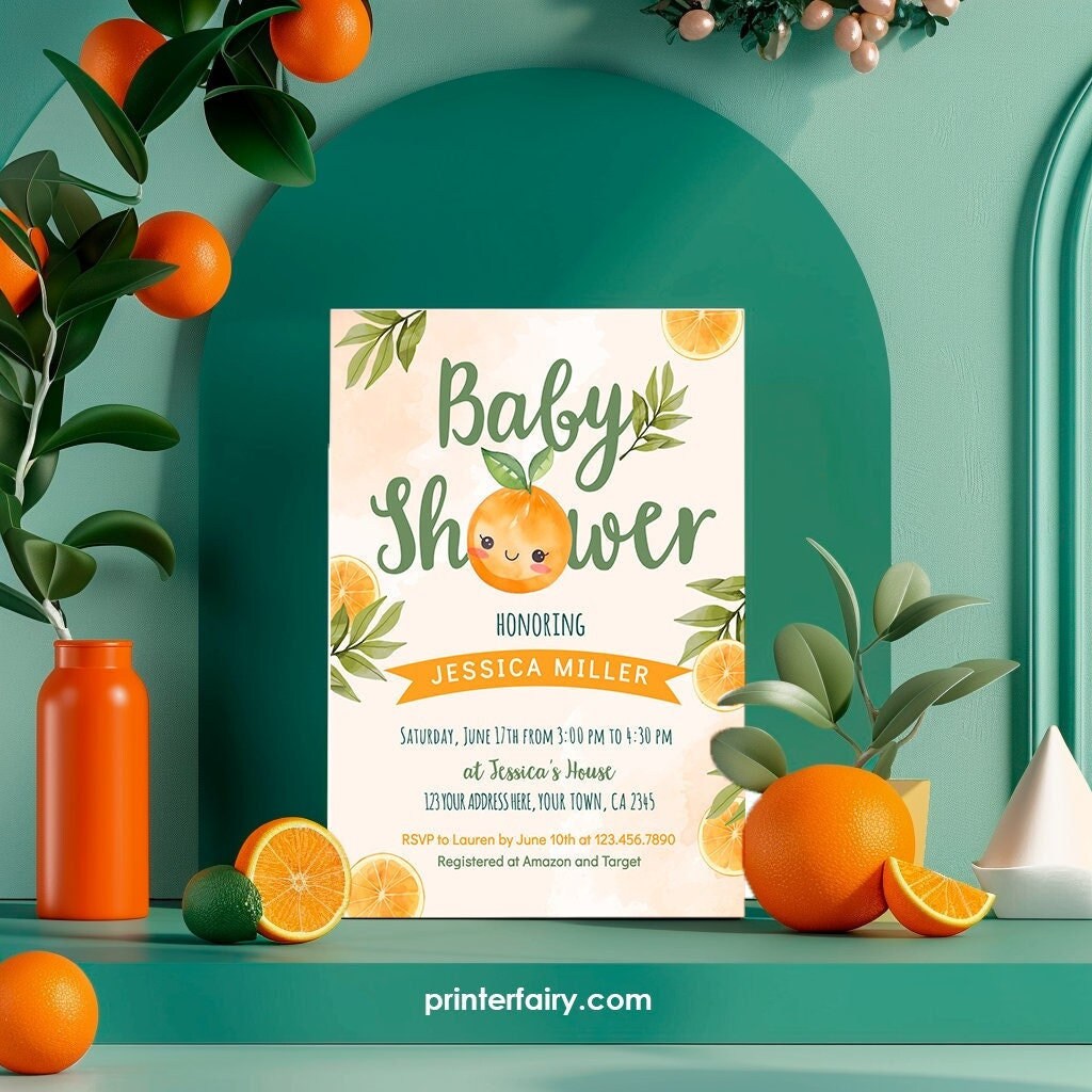 Orange Baby Shower Invitation Editable Template, A Little Cutie Theme, INSTANT DOWNLOAD