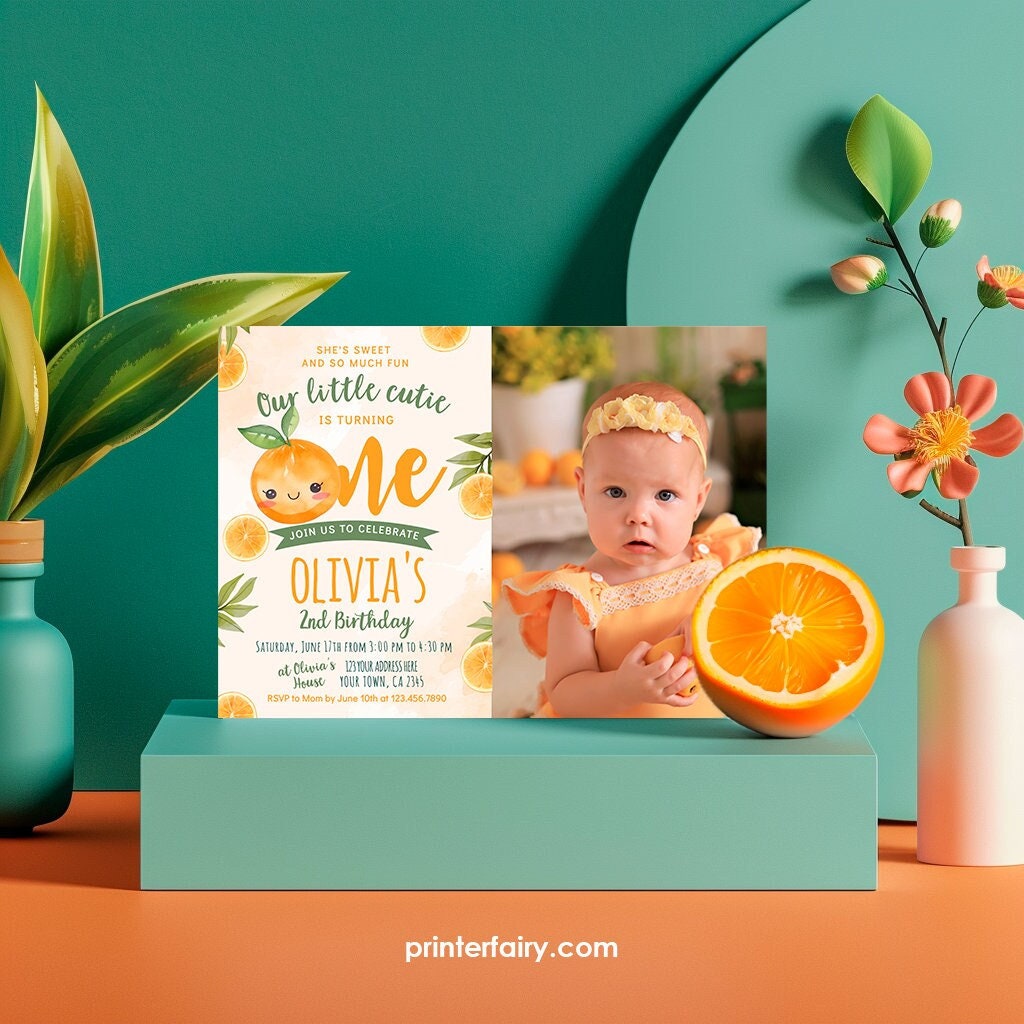 Little Cutie First Birthday Invitation with Photo, Editable Orange Party Invite (Digital Download)