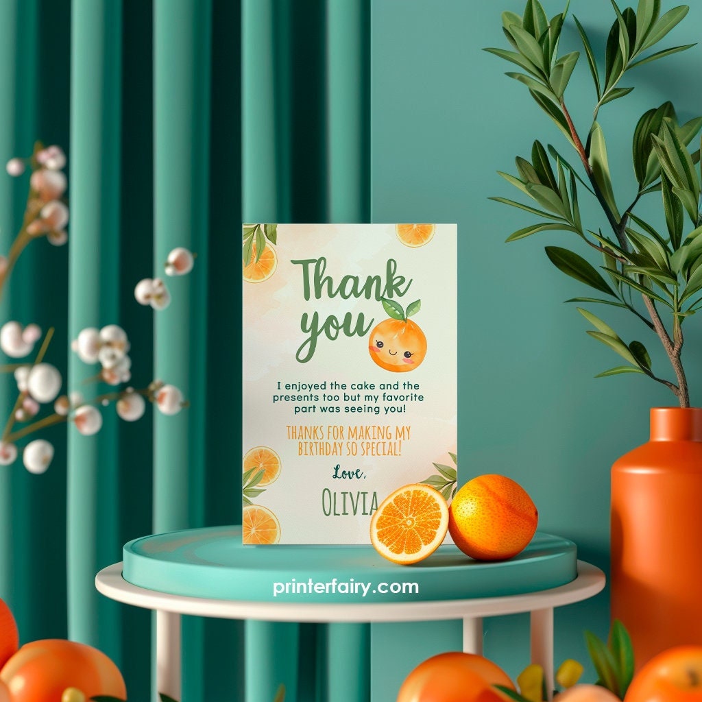 Sweet Orange Birthday Thank You Card, First Birthday Party (Digital Download)