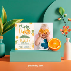 Two Sweet Birthday Invitation with Photo, Orange Summer Party (Digital Download)