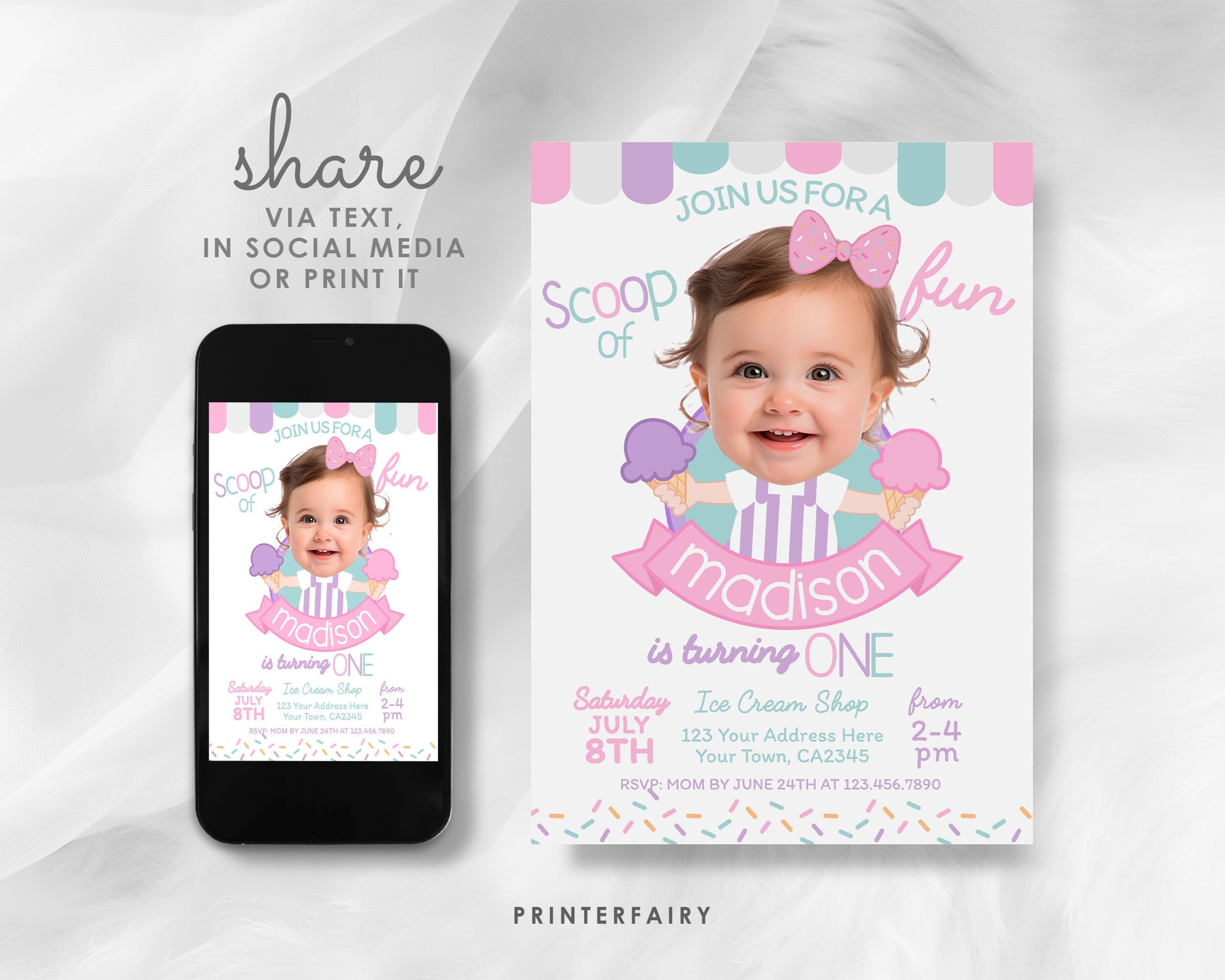 Ice Cream Birthday Invitation with Photo, Sprinkles Party (Digital)