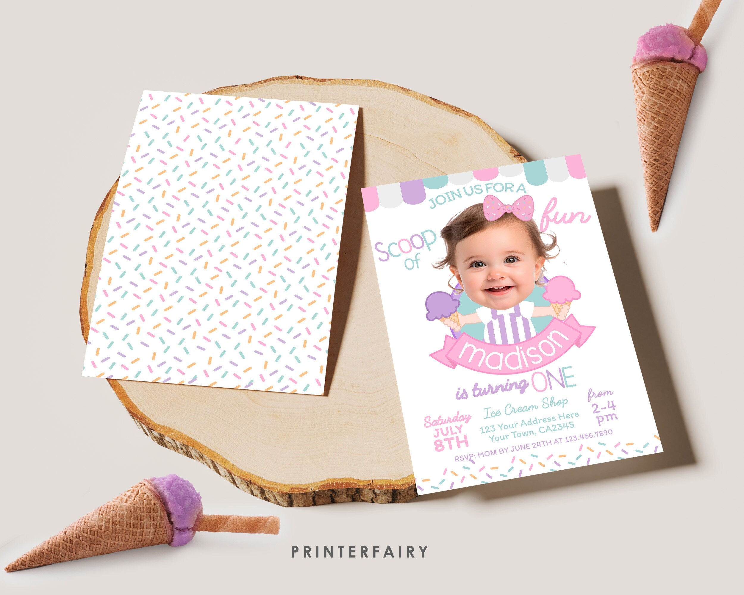 Ice Cream Birthday Invitation with Photo, Sprinkles Party (Digital)
