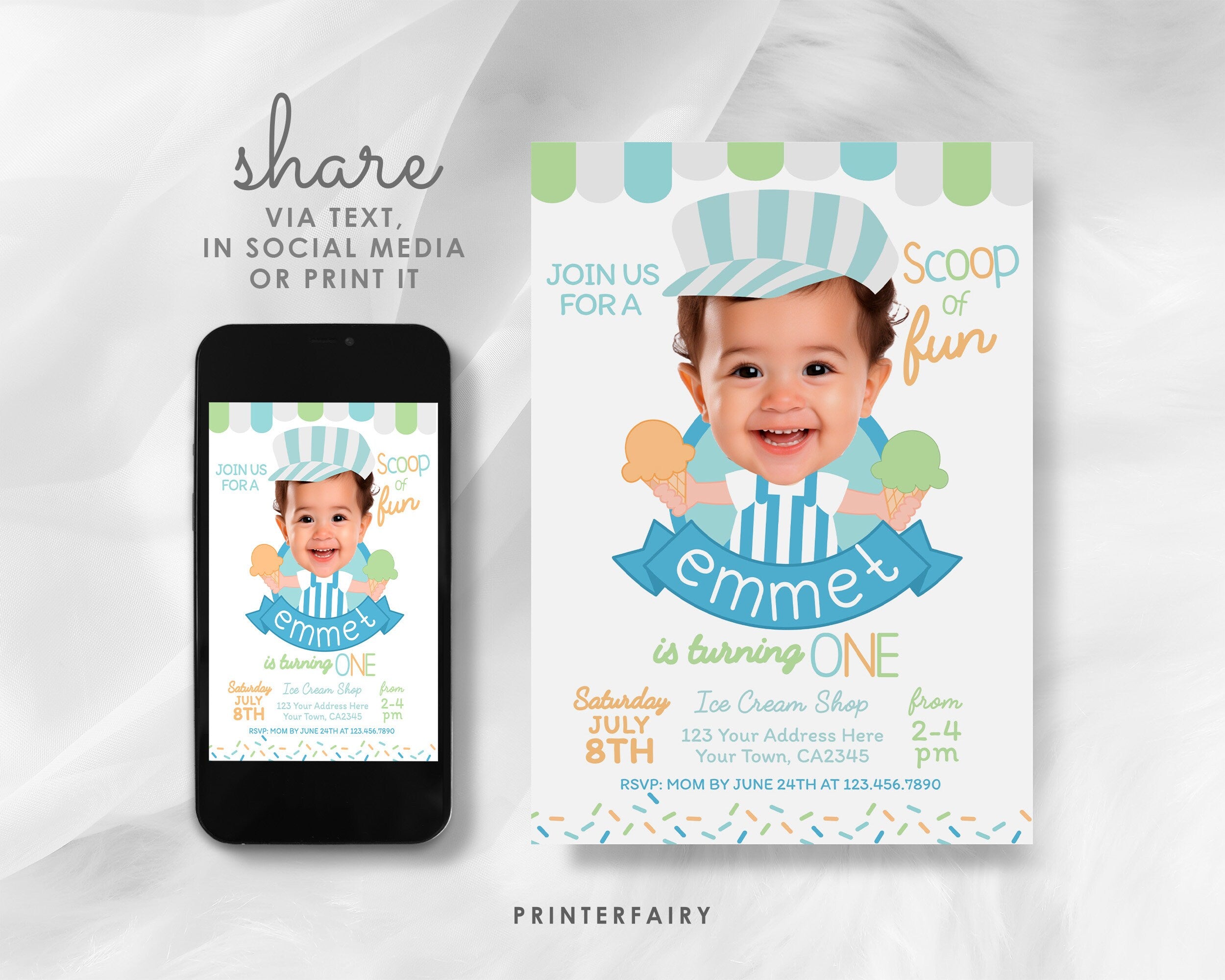 Ice Cream Birthday Photo Invitation, Summer Party (Digital Invite)