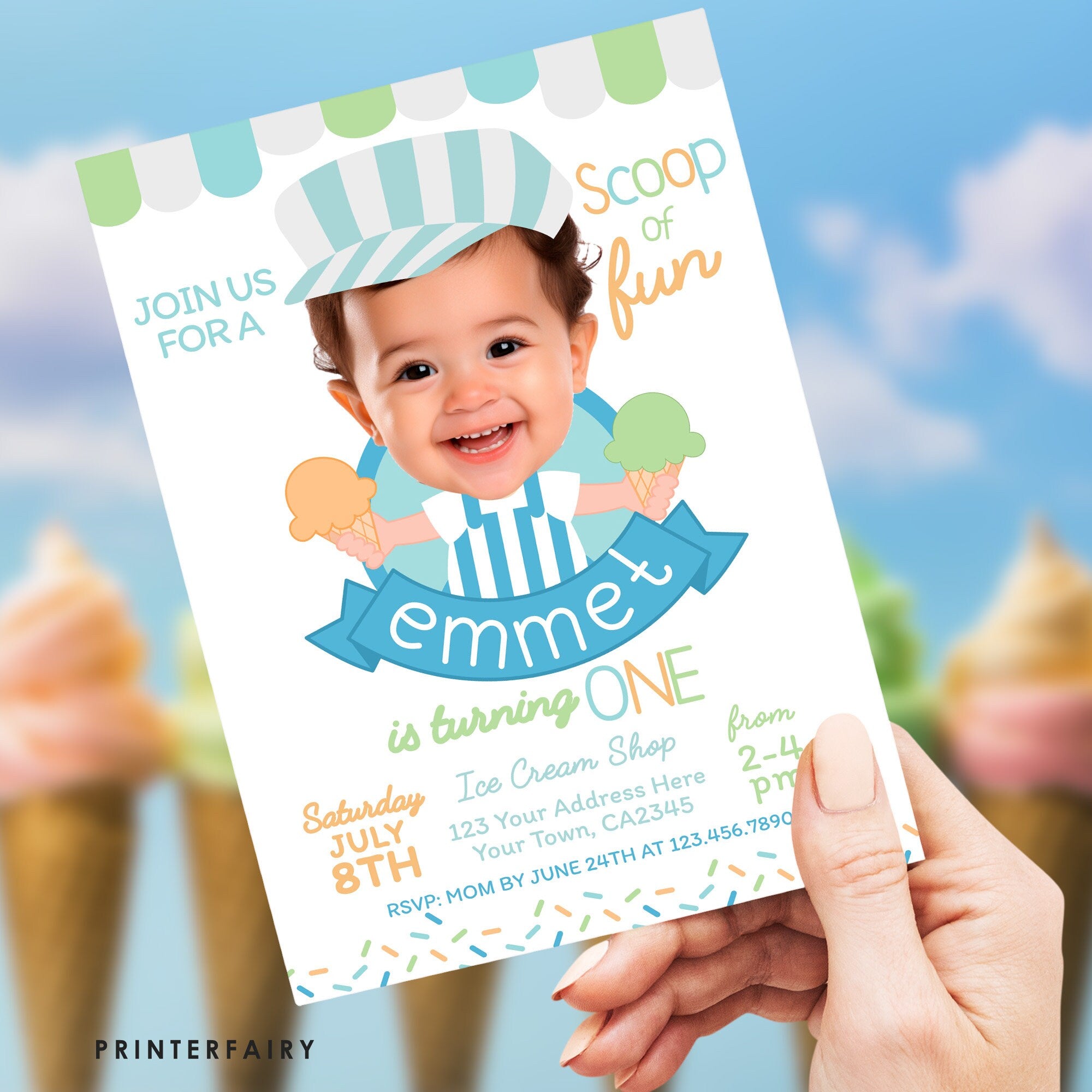 Ice Cream Birthday Photo Invitation, Summer Party (Digital Invite)