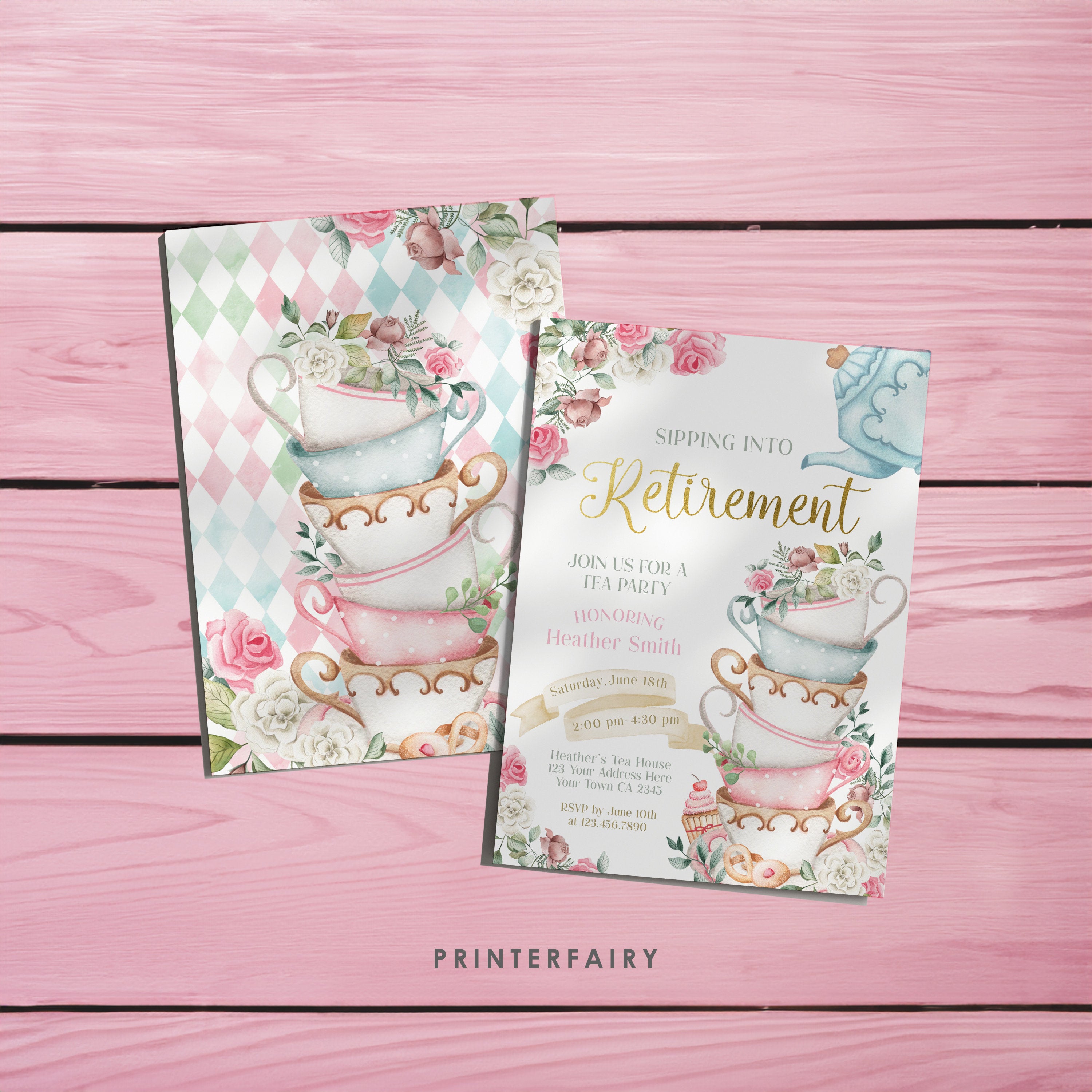 Tea Party Retirement Invitation, Floral Printable Invite (Editable)