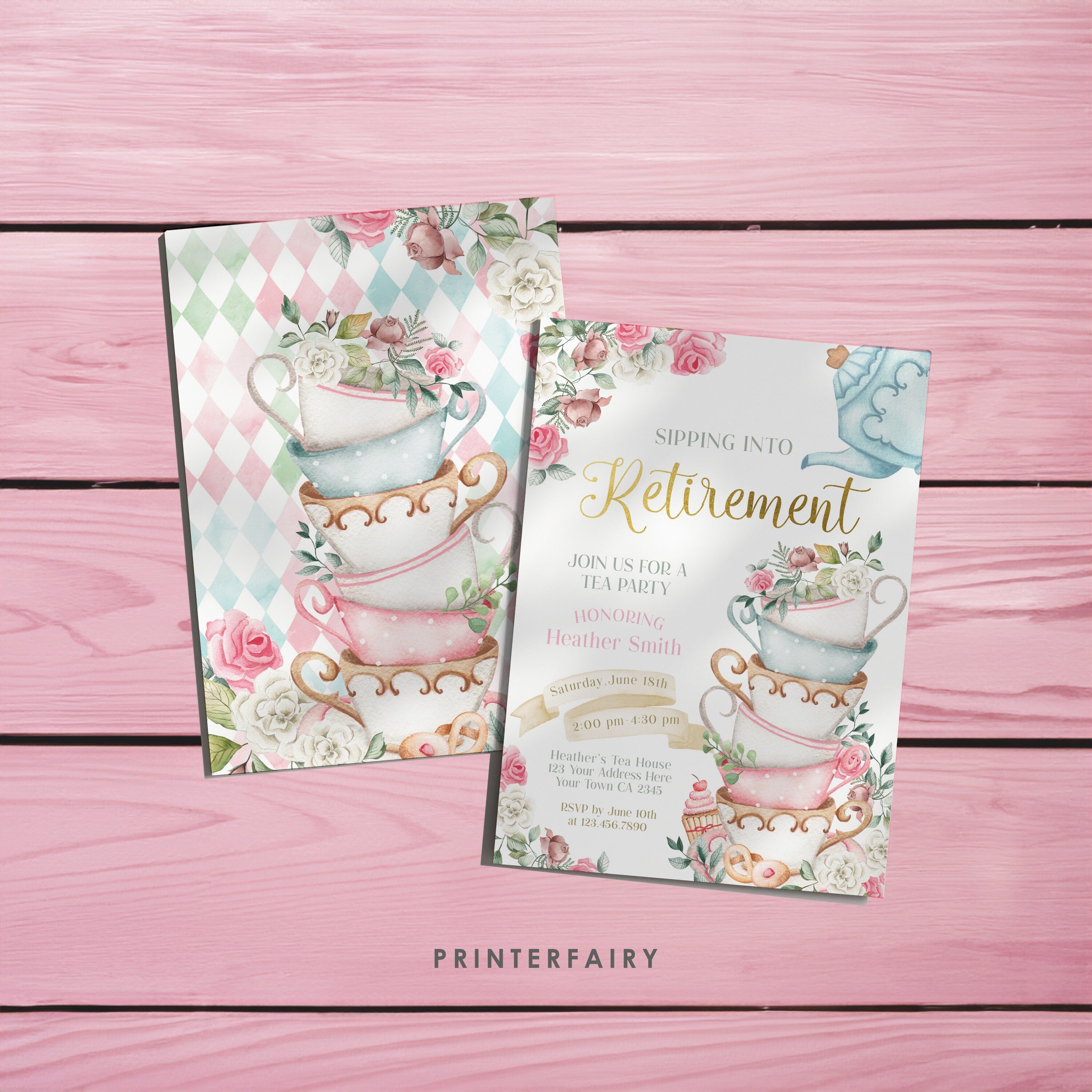 Tea Party Retirement Invitation, Floral Printable Invite (Editable)