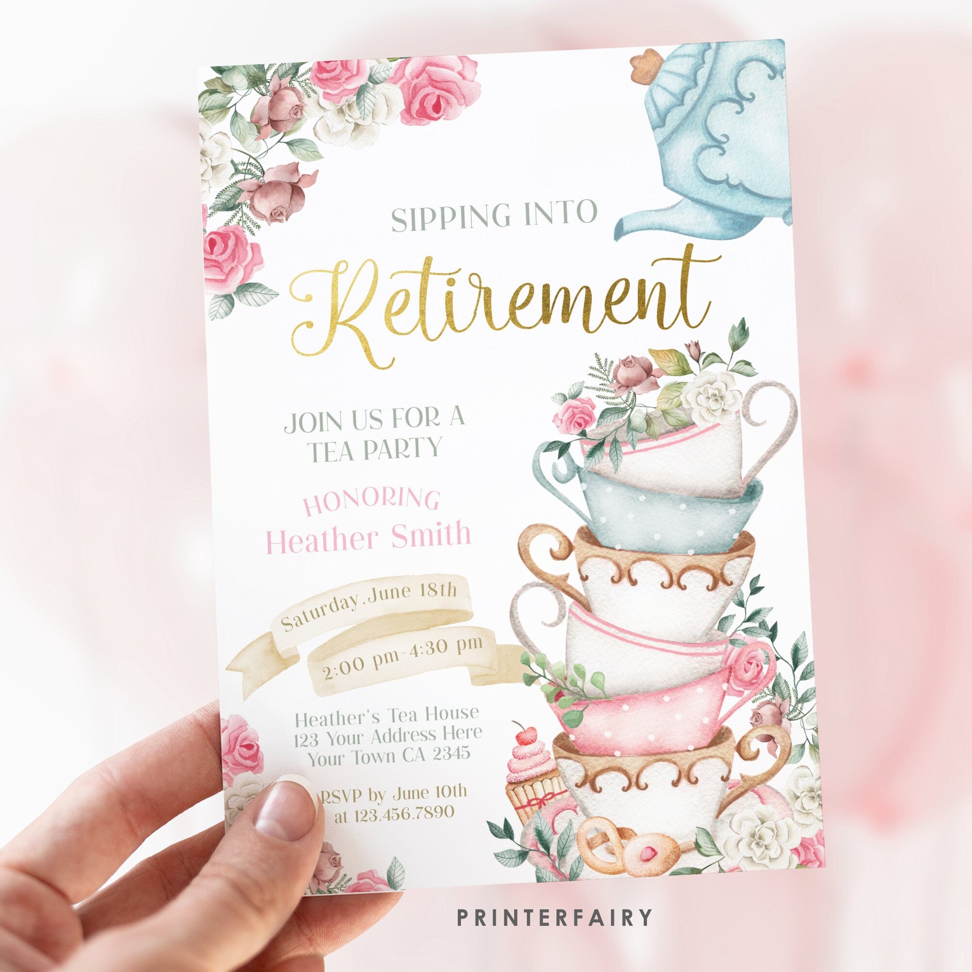 Tea Party Retirement Invitation, Floral Printable Invite (Editable)