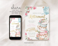 Tea Party Retirement Invitation, Floral Printable Invite (Editable)