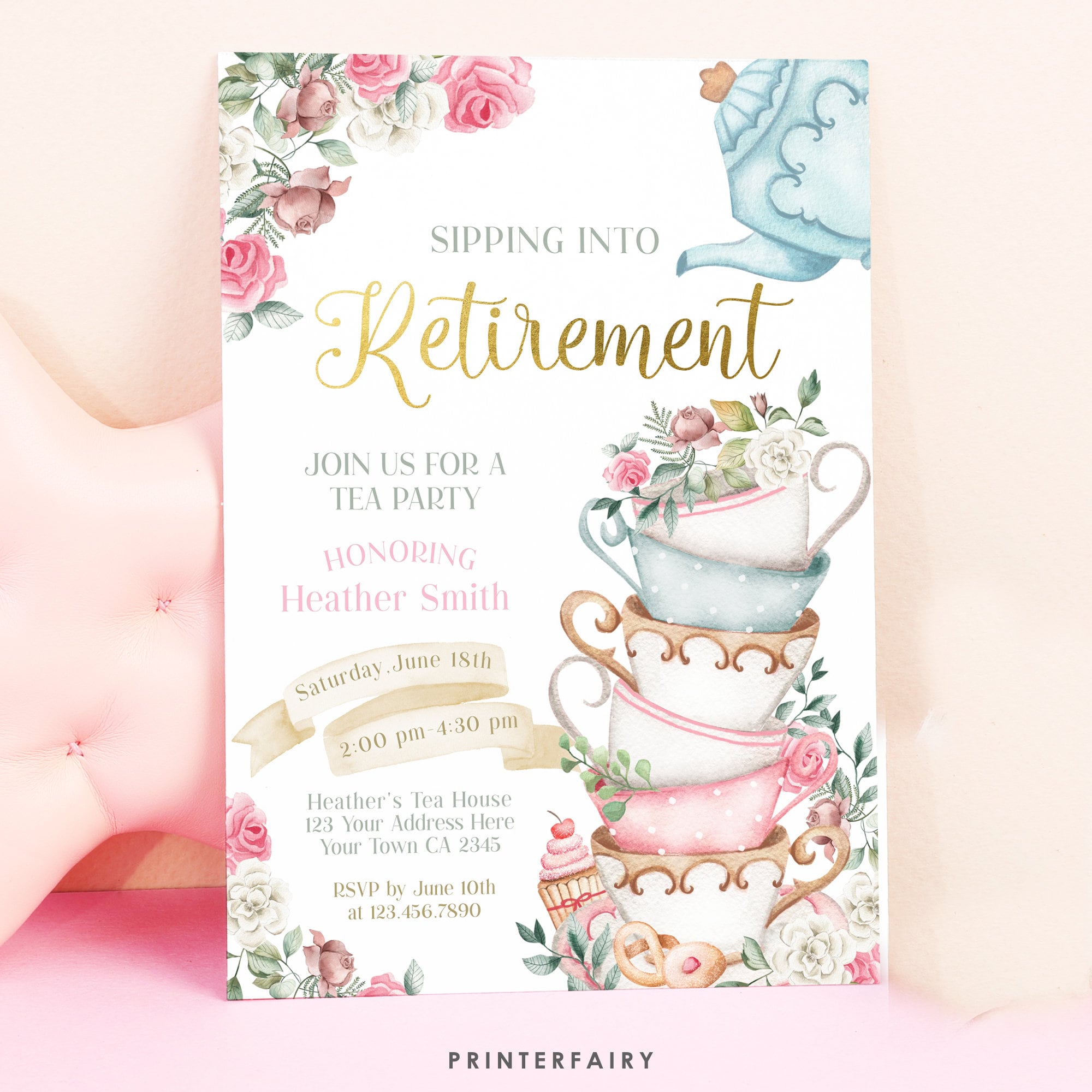 Tea Party Retirement Invitation, Floral Printable Invite (Editable)