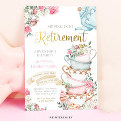 Tea Party Retirement Invitation, Floral Printable Invite (Editable)