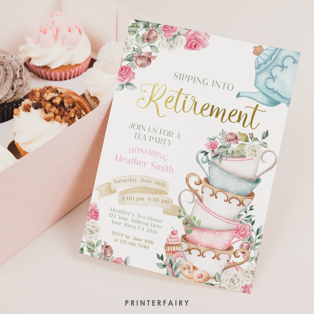 Tea Party Retirement Invitation, Floral Printable Invite (Editable)