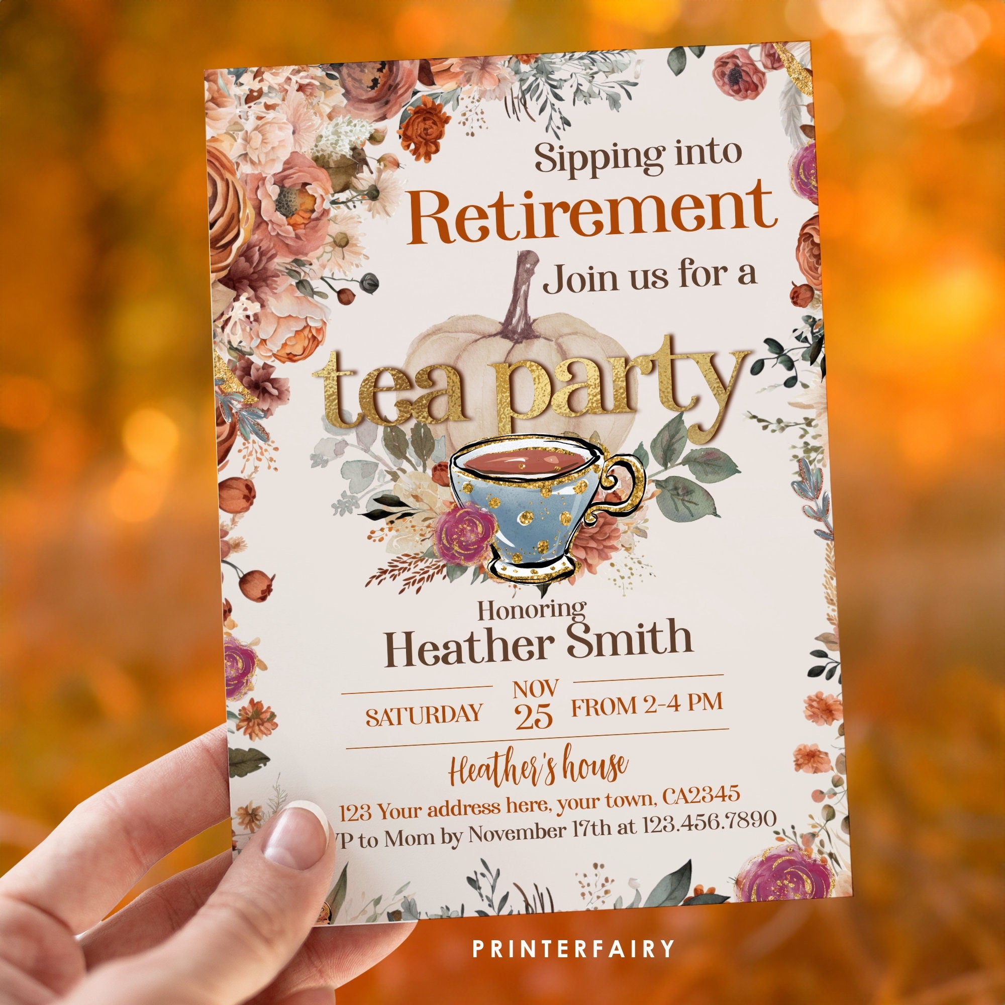 Fall Tea Party Retirement Invitation, Editable Template (Digital Download)