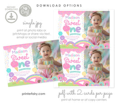 Candyland First Birthday Photo Invitation, Sweet One, Sprinkles (Instant Download)