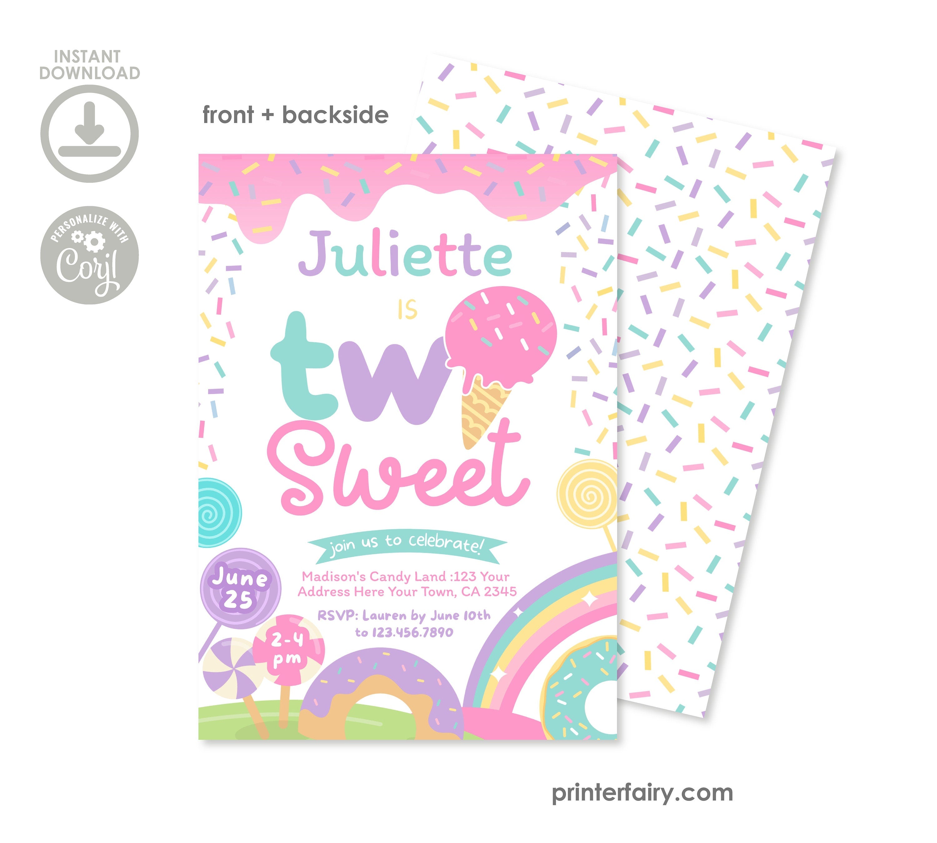Candyland Two Sweet Invitation, Ice Cream Donut Birthday (Editable Digital)