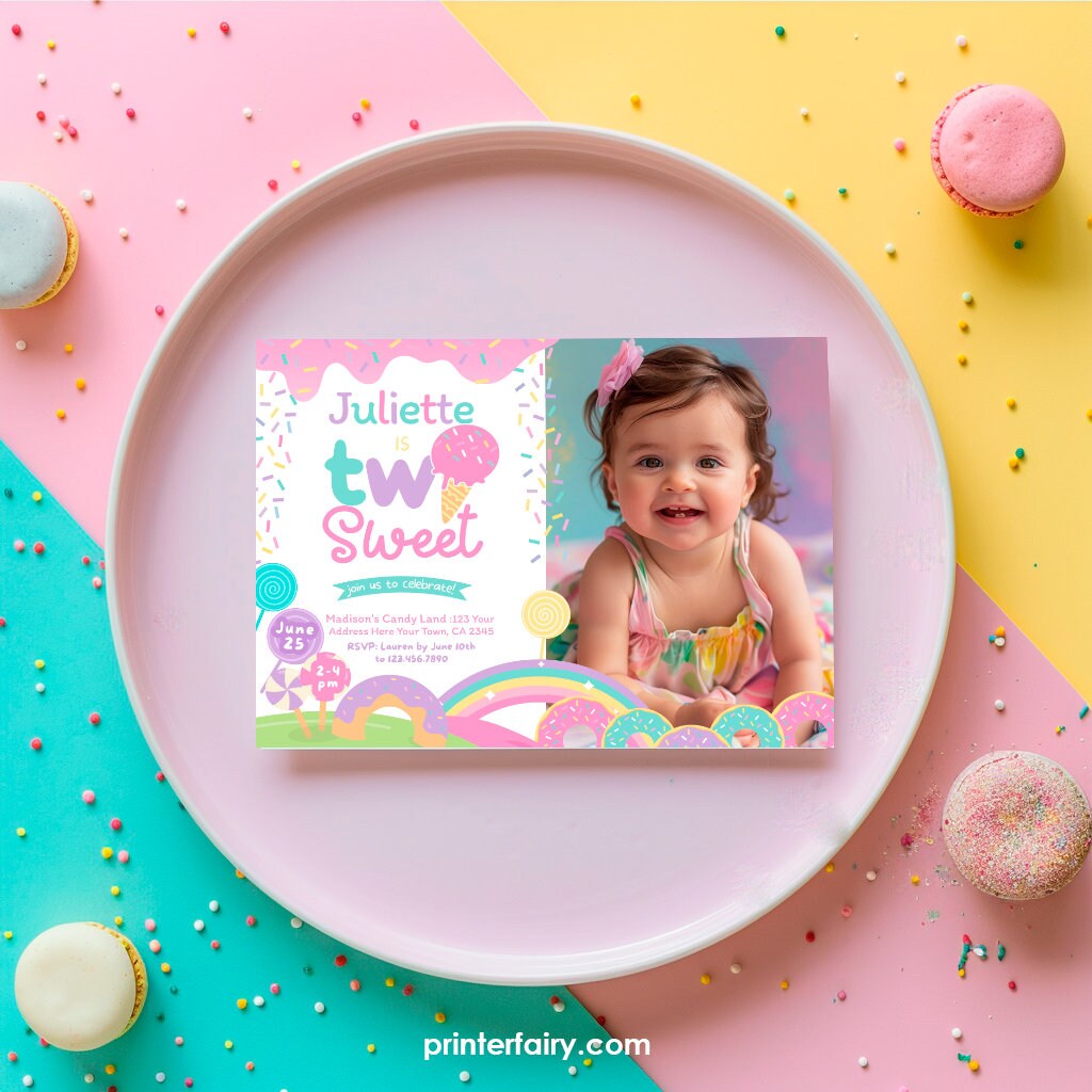 Two Sweet Photo Invitation, Candyland 2nd Birthday (Digital)