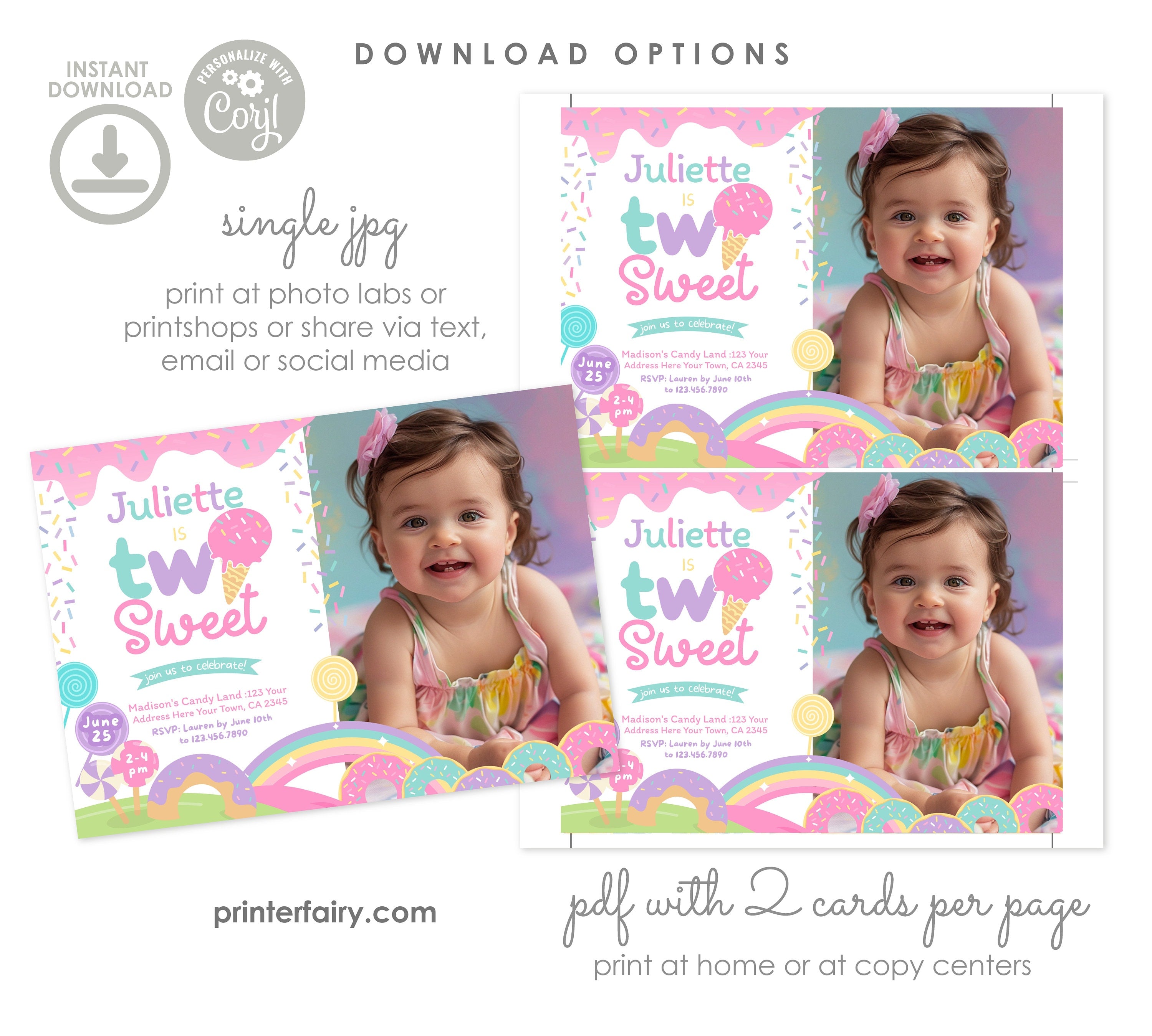 Two Sweet Photo Invitation, Candyland 2nd Birthday (Digital)