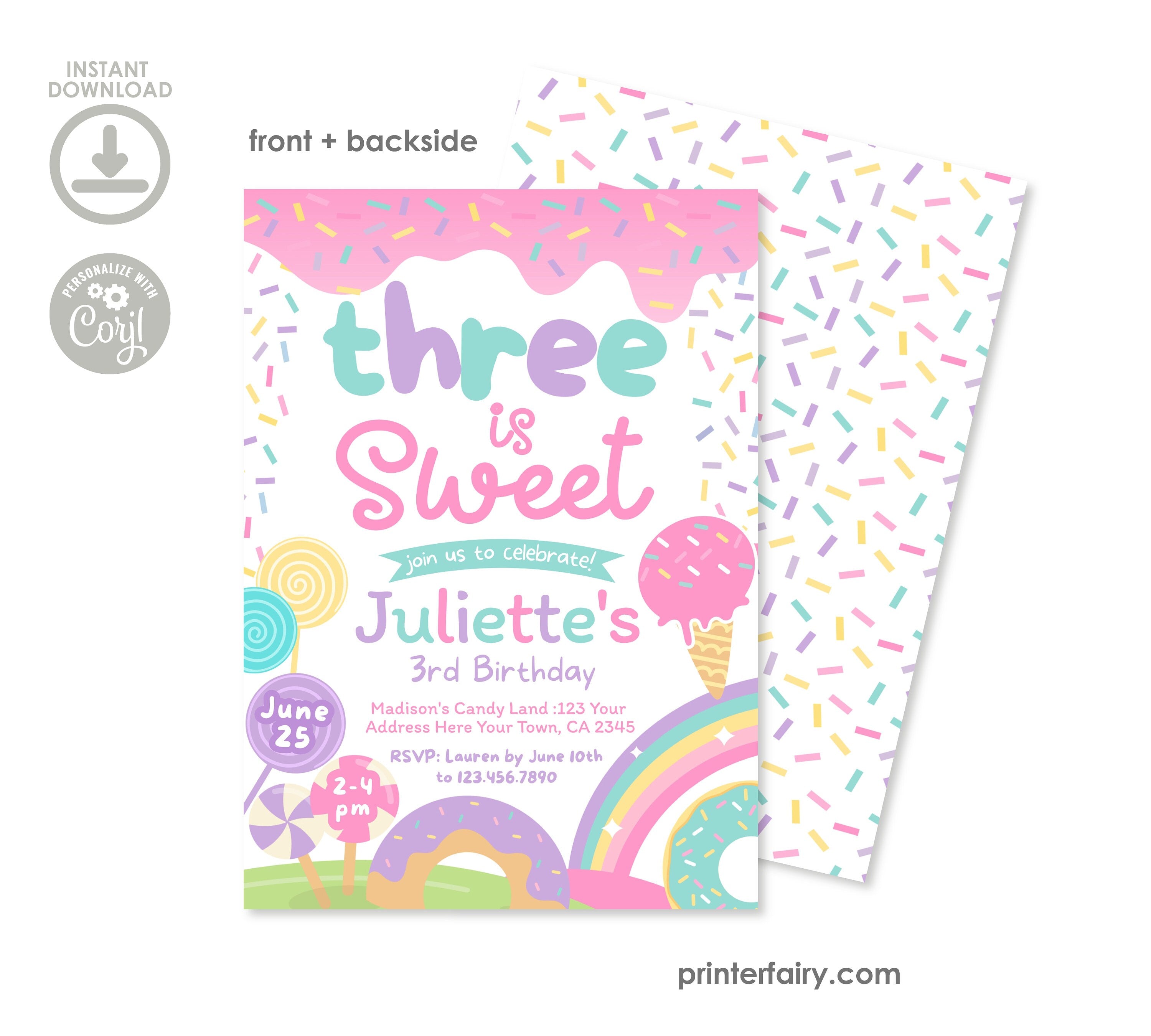 Candyland Third Birthday Invitation, Rainbow Sprinkles (Editable)