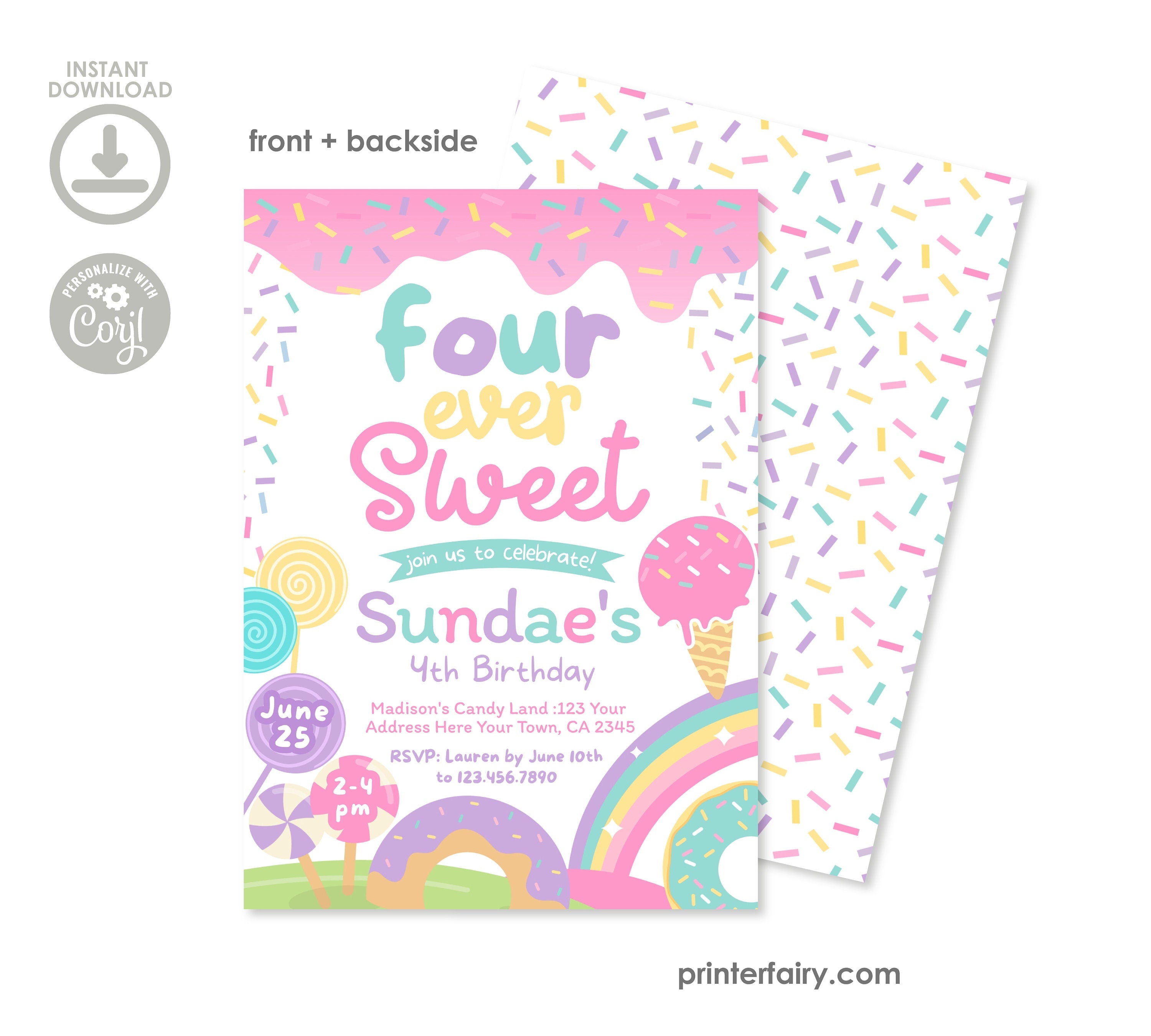 Candyland 4th Birthday Invitation, Rainbow Sprinkles (Editable Digital Item)