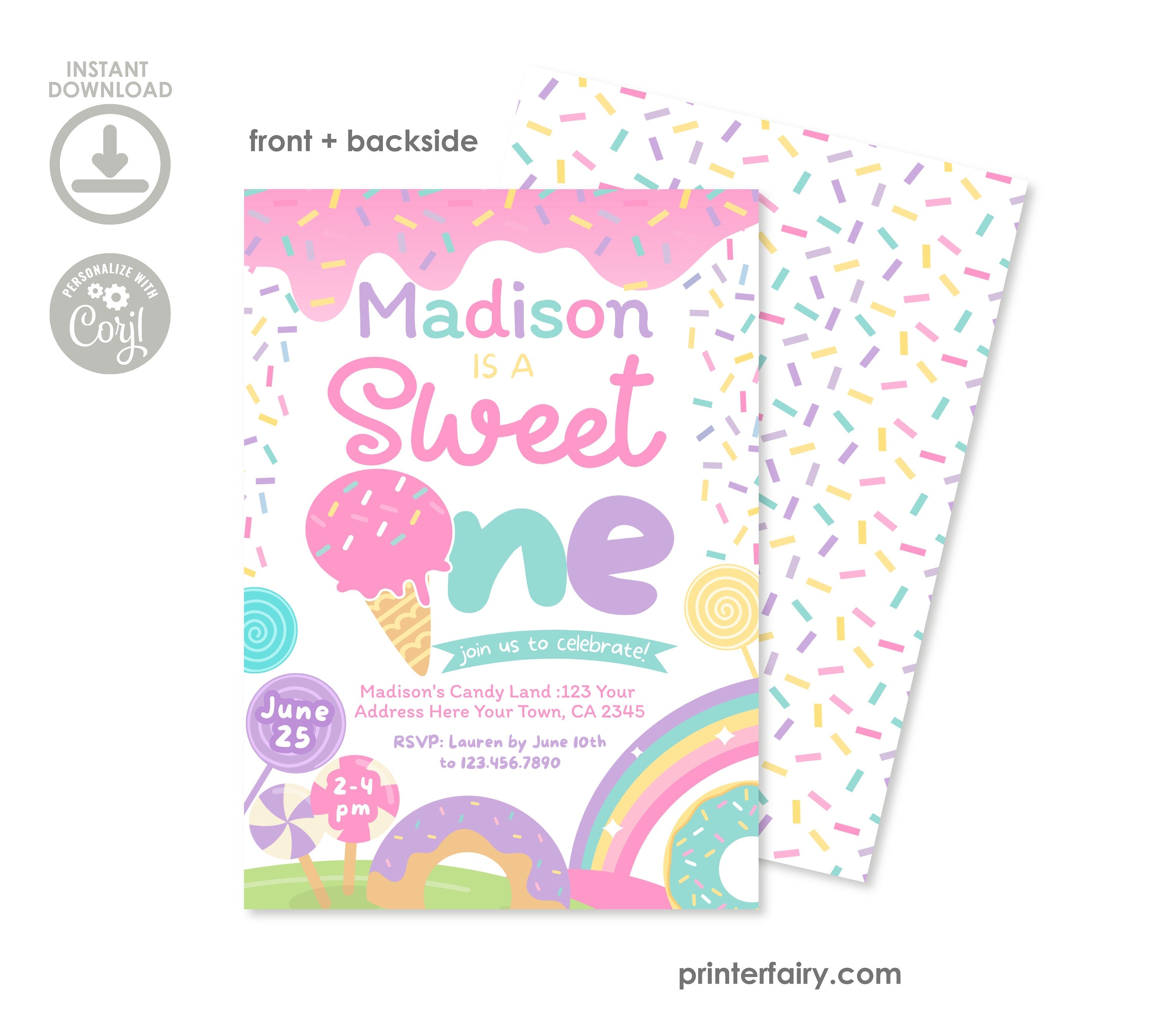 Editable Candyland First Birthday Invitation, Sweet One, Sprinkles (INSTANT DOWNLOAD)