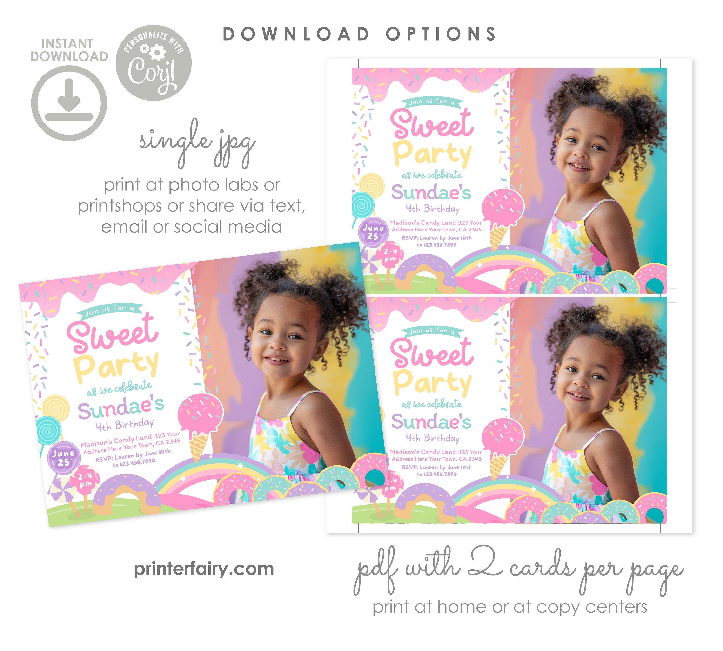 Candyland Birthday Invitation with Photo, Editable Ice Cream Sprinkle Invite