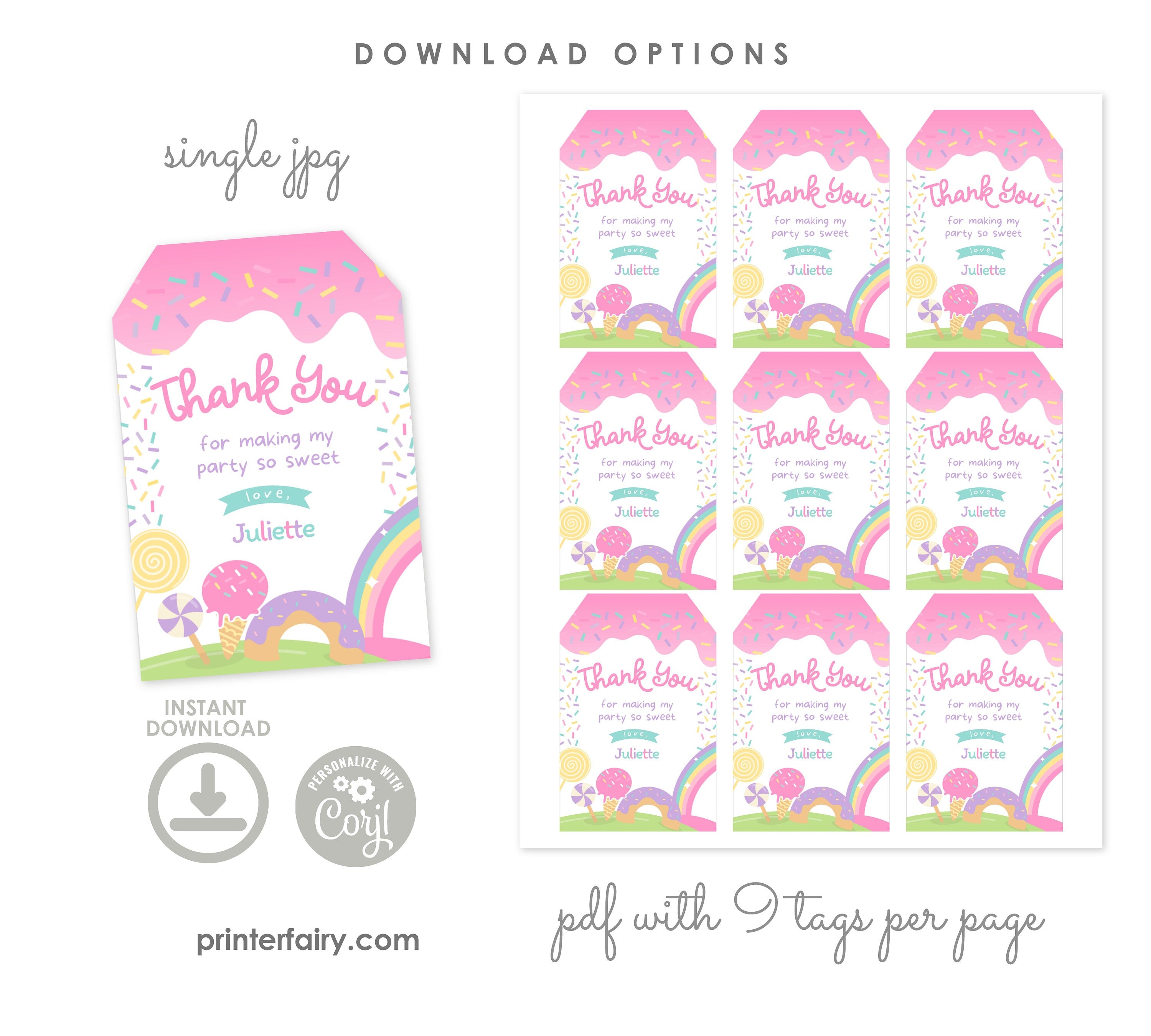 Candyland Thank You Tags Template, Rainbow Birthday Party (Digital Download)