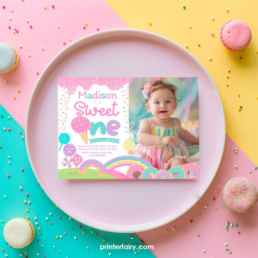 Candyland First Birthday Photo Invitation, Sweet One, Sprinkles (Instant Download)