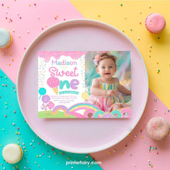 Candyland First Birthday Photo Invitation, Sweet One, Sprinkles (Instant Download)