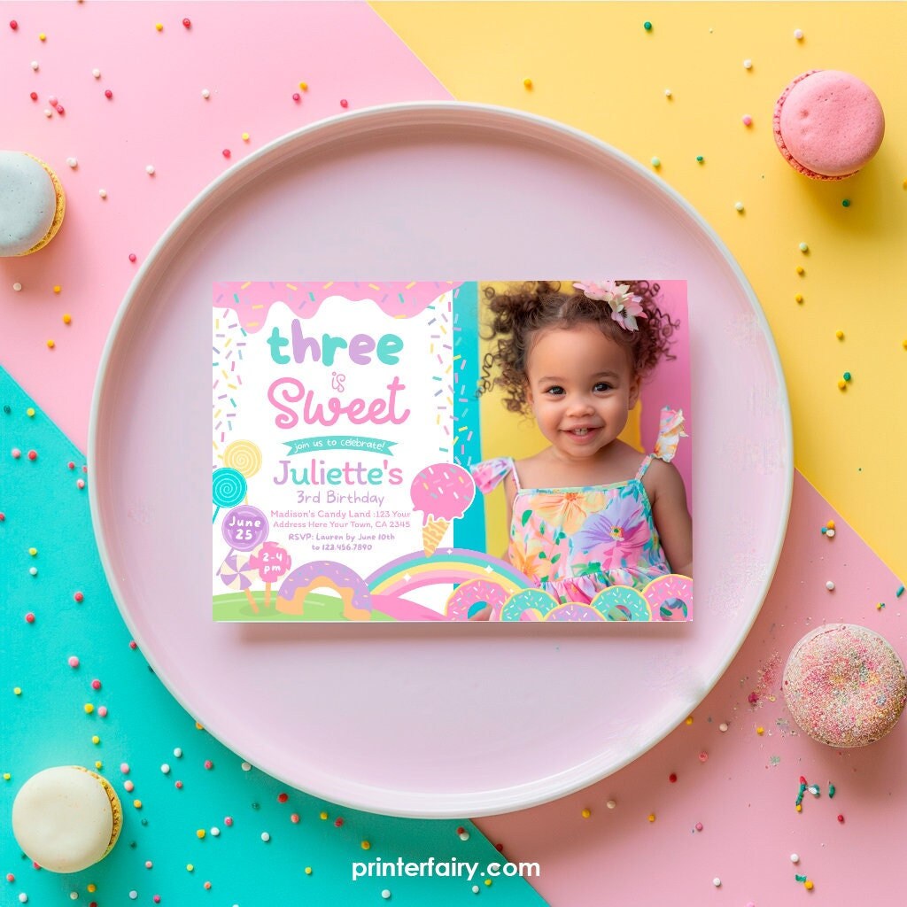 Candyland 3rd Birthday Invitation, Rainbow Sprinkle, Photo Invite (Digital)