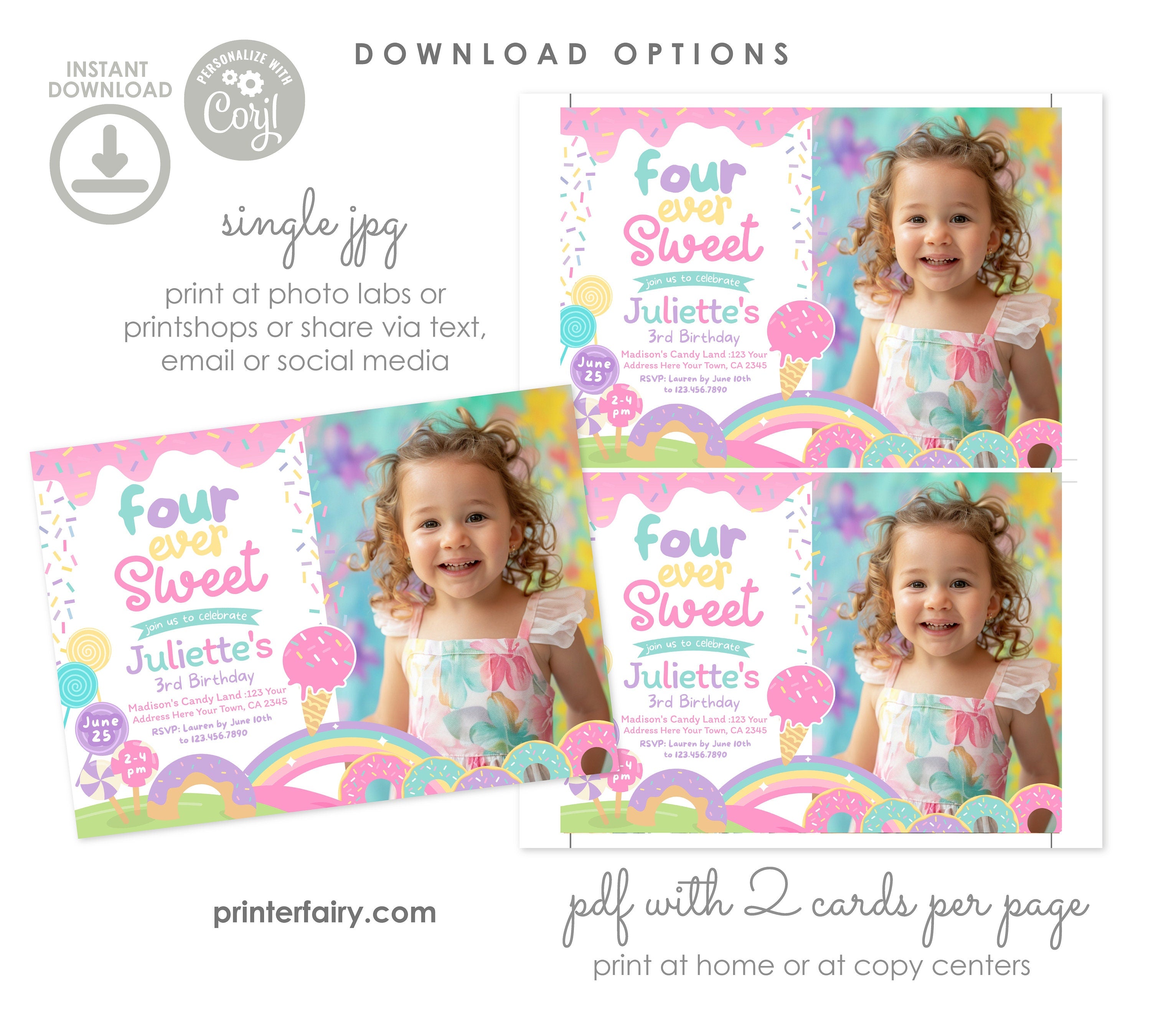 Candyland 4th Birthday Invitation, Rainbow Sprinkles, Photo (Digital)