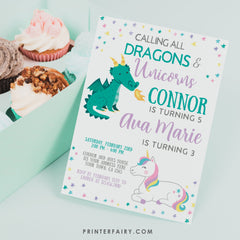 Unicorn and Dragon Birthday Invitation Editable Template, Joint Party, INSTANT DOWNLOAD