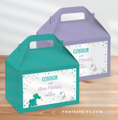 Unicorn and Dragon Gable Box Label, Joint Birthday Party (INSTANT DOWNLOAD)