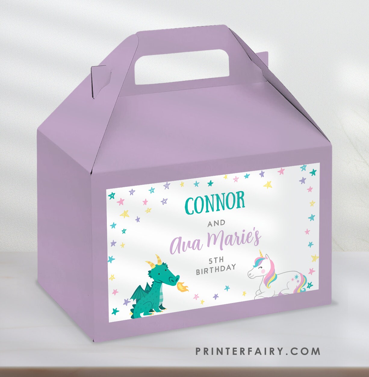 Unicorn and Dragon Gable Box Label, Joint Birthday Party (INSTANT DOWNLOAD)