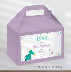 Unicorn and Dragon Gable Box Label, Joint Birthday Party (INSTANT DOWNLOAD)