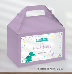 Unicorn and Dragon Gable Box Label, Joint Birthday Party (INSTANT DOWNLOAD)