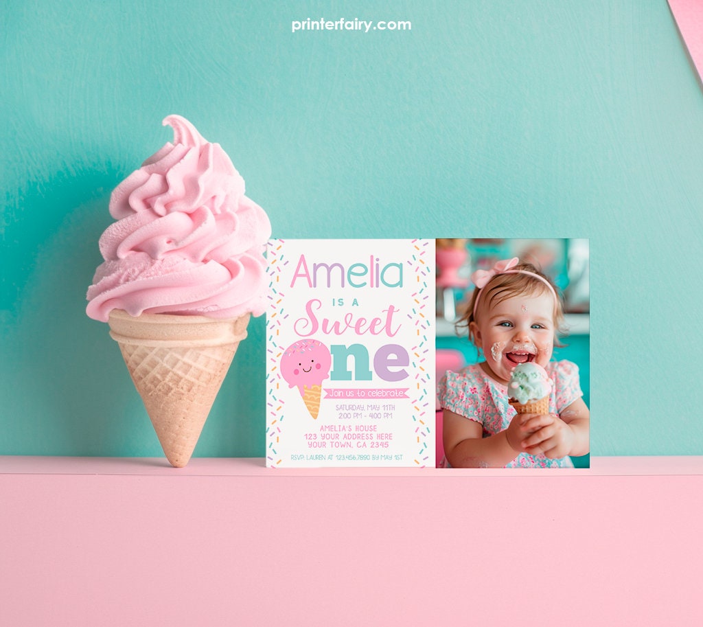 Ice Cream 1st Birthday Invitation with Photo, Editable (Digital)