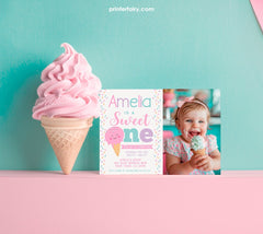 Ice Cream 1st Birthday Invitation with Photo, Editable (Digital)