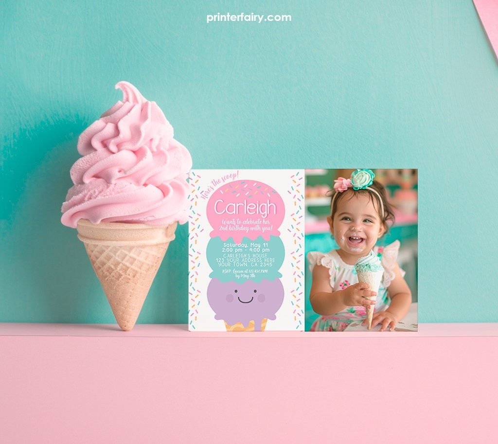 Editable Ice Cream Birthday Invitation with Photo (Digital Invite)