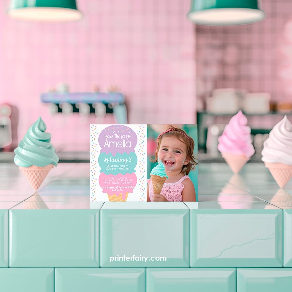 Ice Cream Birthday Invitation with Photo, Sprinkles, EDITABLE with Corjl