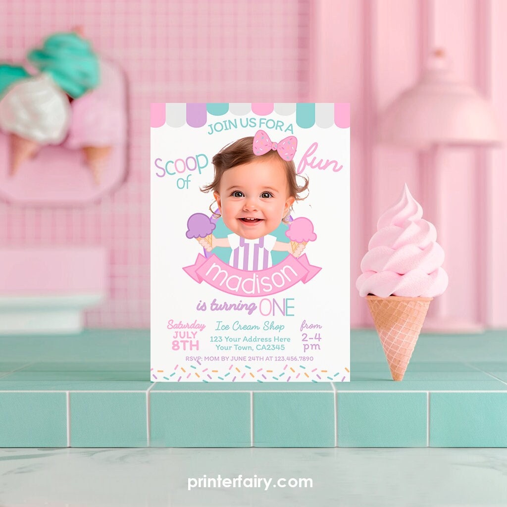 Ice Cream Birthday Invitation with Photo, Sprinkles Party (Digital)