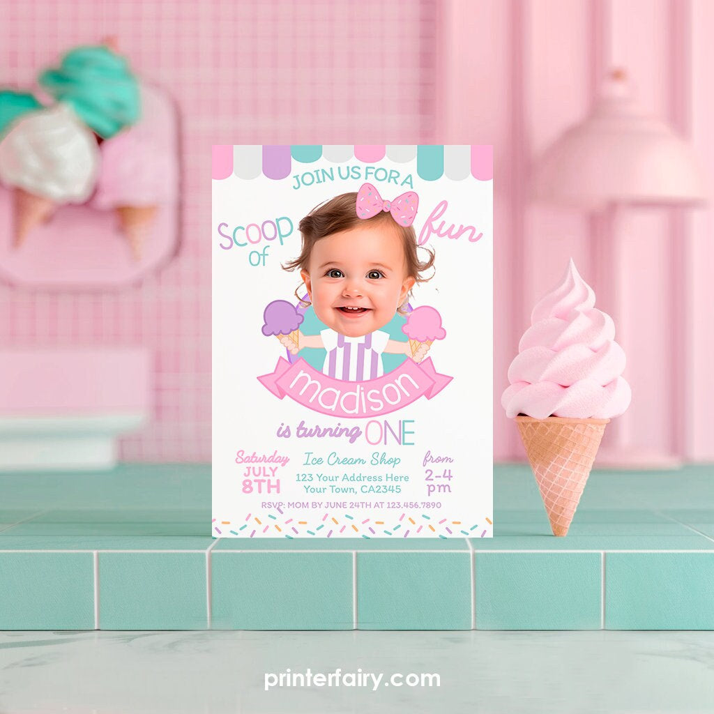 Ice Cream Birthday Invitation with Photo, Sprinkles Party (Digital)