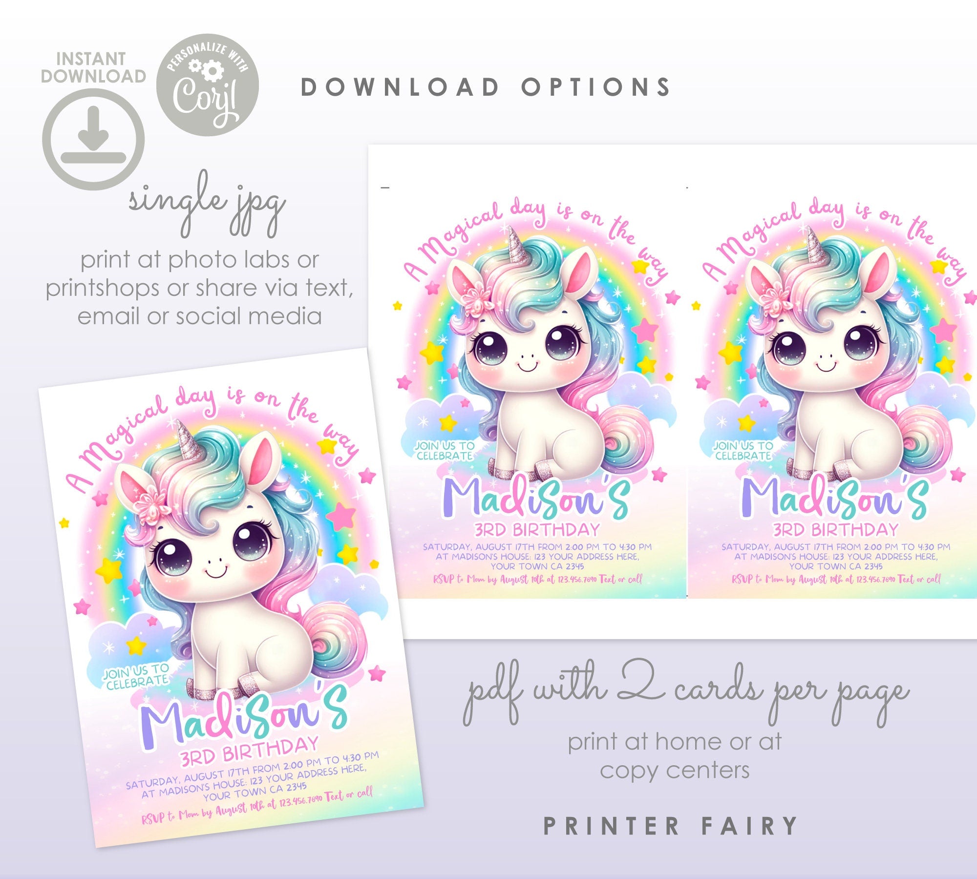 Rainbow Unicorn Birthday Invitation, Editable Party Theme (Instant Download)